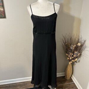Vtg Casual Corner Womens Silk Midi Dress Size 16 Black Spaghetti Sequins Evening